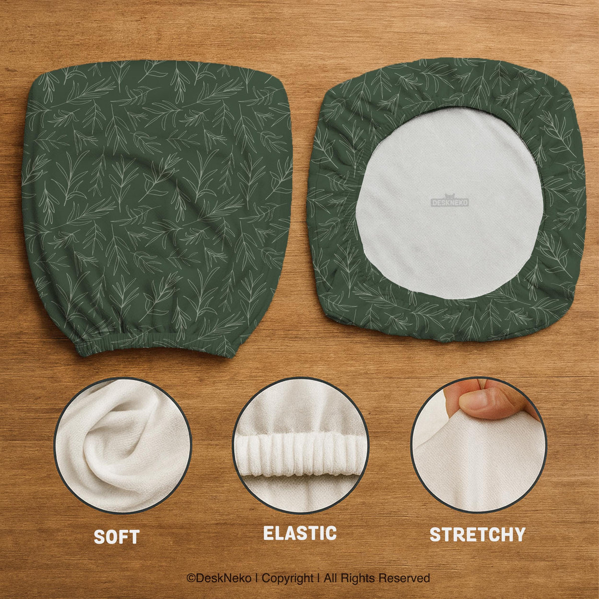 Sage green line-art leaf print chair cover shown with office chair cover options, including full cover, back and seat cover, seat-only cover, and armrest-only cover.