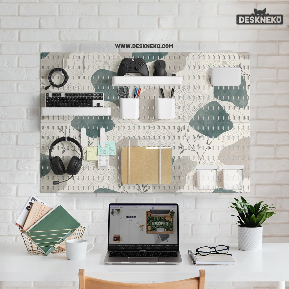 Four pegboard panels in sage green with cream, grey, teal, and leafy botanical artwork arranged in a square layout.