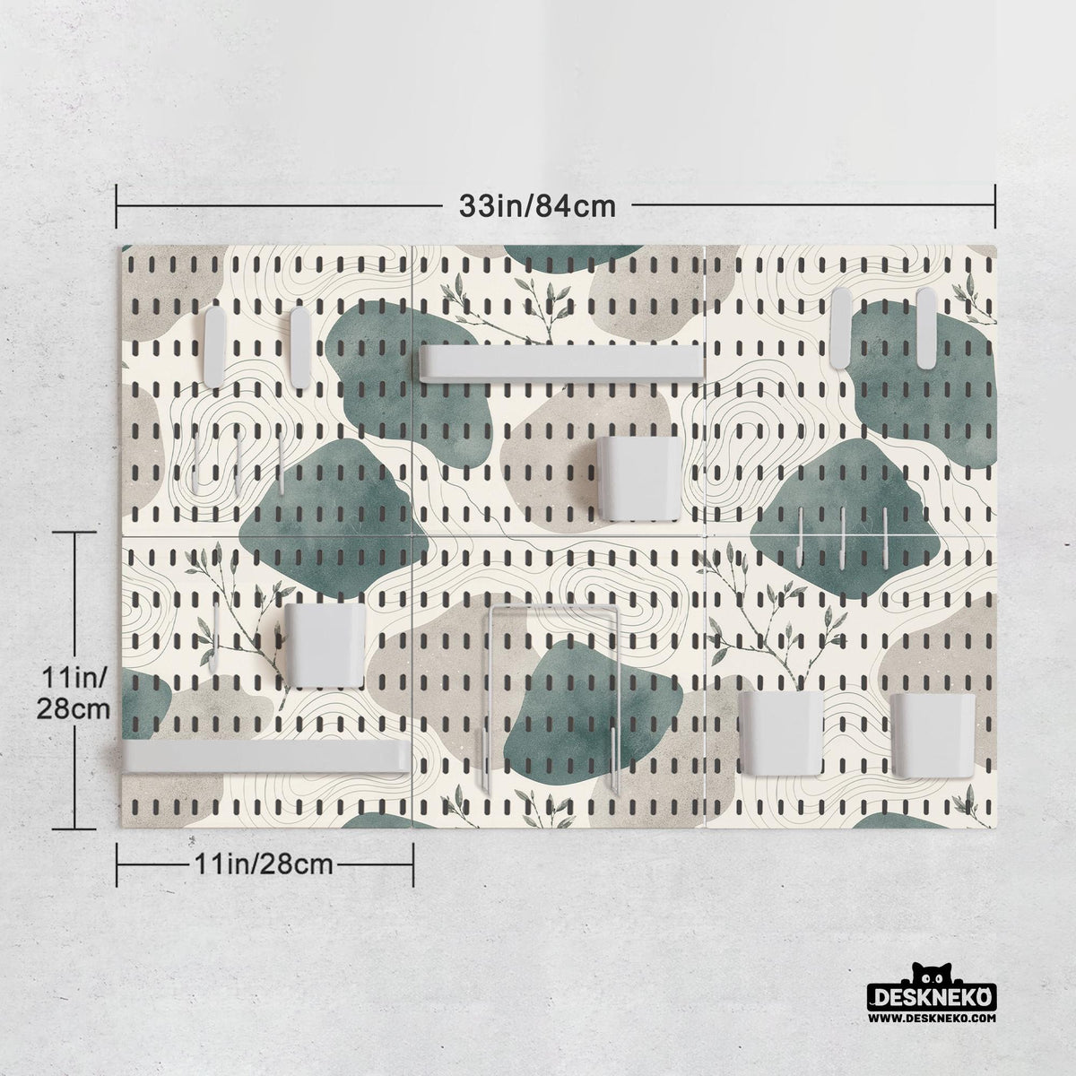 Four pegboard panels in sage green with cream, grey, teal, and leafy botanical artwork arranged in a square layout.