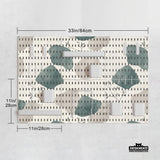 Four pegboard panels in sage green with cream, grey, teal, and leafy botanical artwork arranged in a square layout.