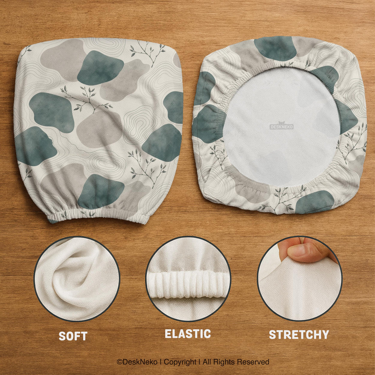 Chair cover with a cream background, muted sage abstract shapes, grey organic forms, and small botanical accents.