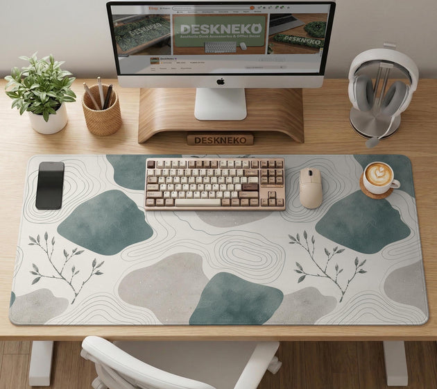 A desk mat with sage green abstract blocks, cream space, gray stone-like shapes, fine topographic contour lines, and small branch details.