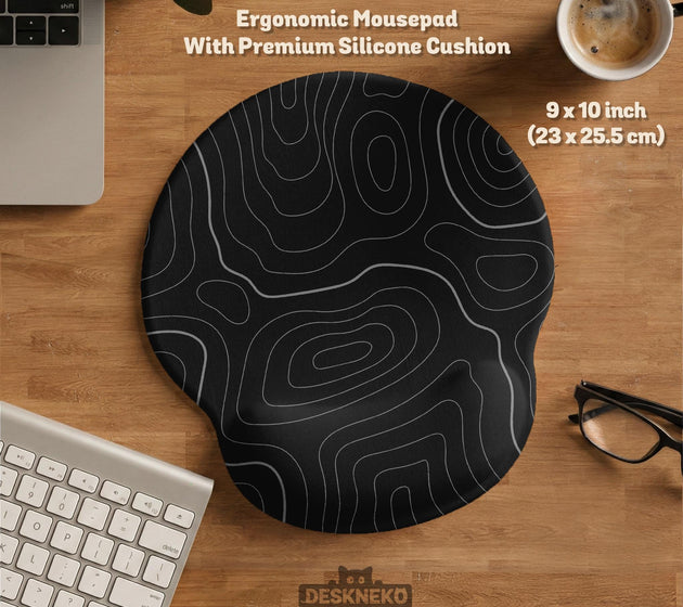 Black mousepad with a gray topographic contour line pattern shown with matching keyboard wrist rest options.