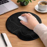 Black mousepad with a gray topographic contour line pattern shown with matching keyboard wrist rest options.