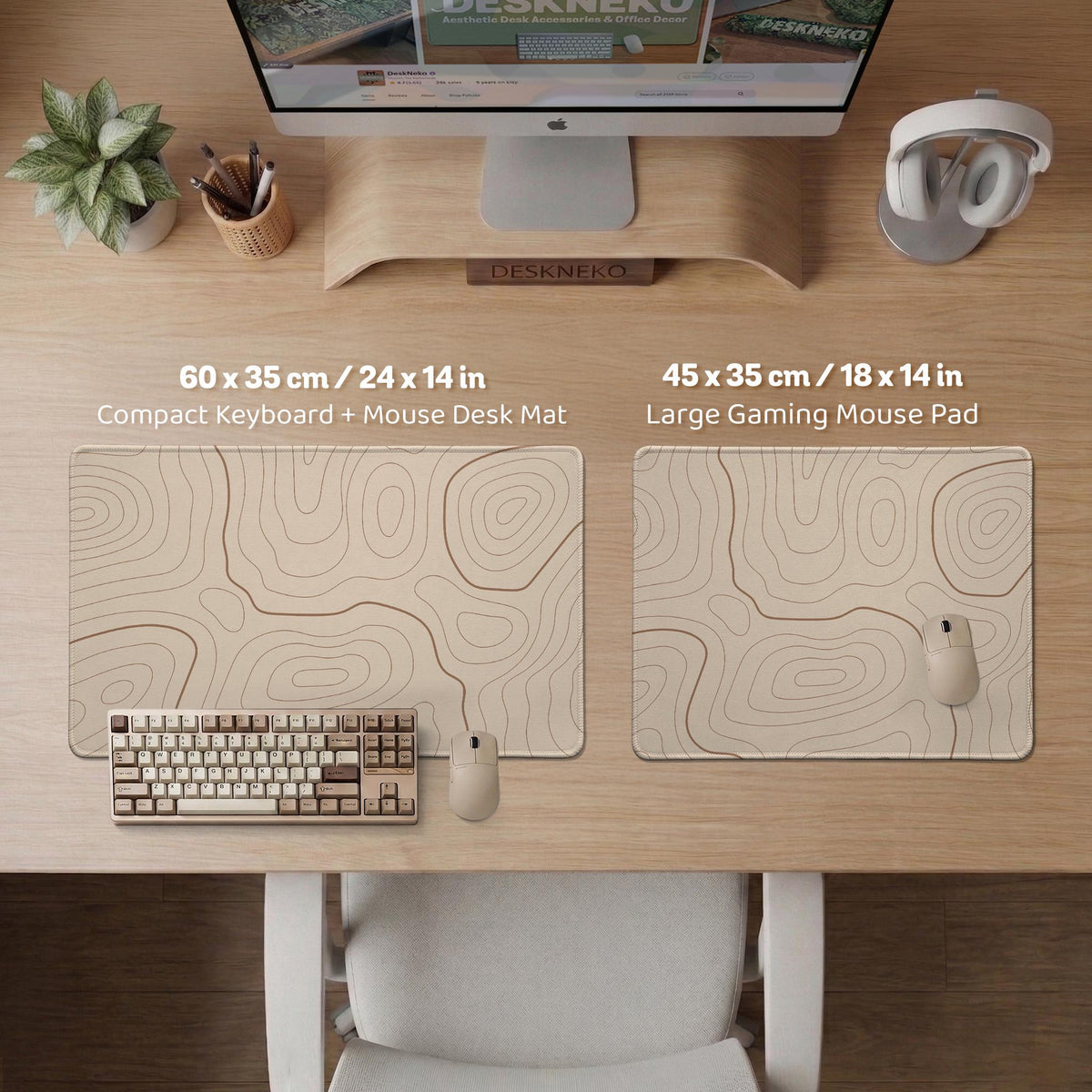 Beige desk mat with soft brown topographic contour lines on a neutral background.