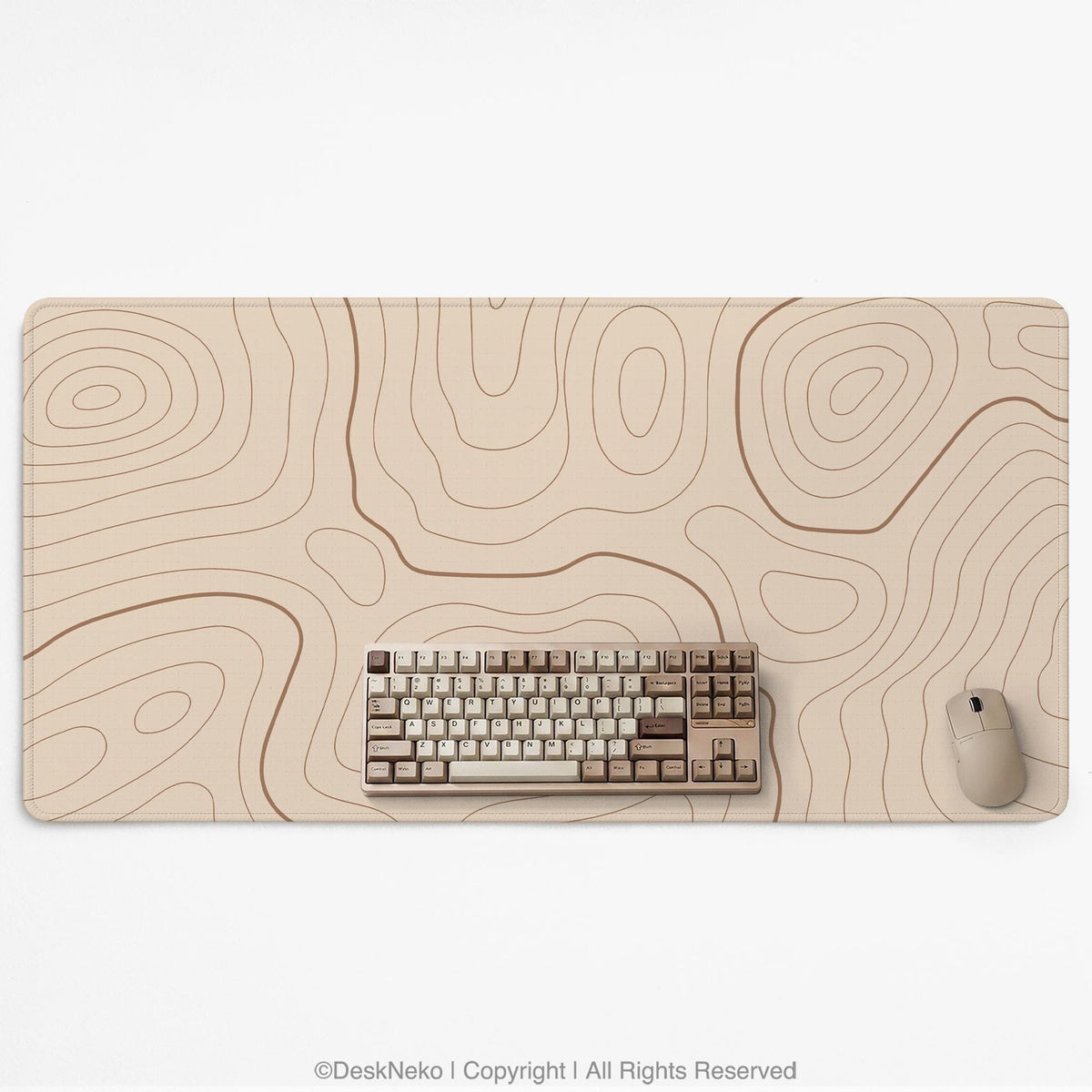 A beige mousepad with a topographic line pattern in a repeating design.