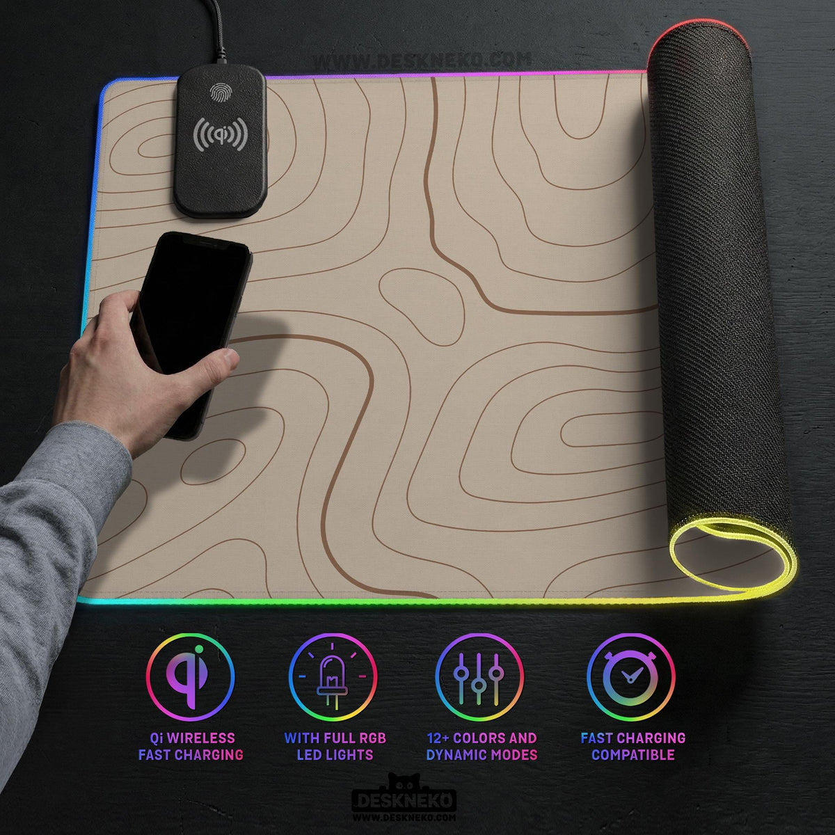 Beige desk mat with soft brown topographic contour lines on a neutral background.