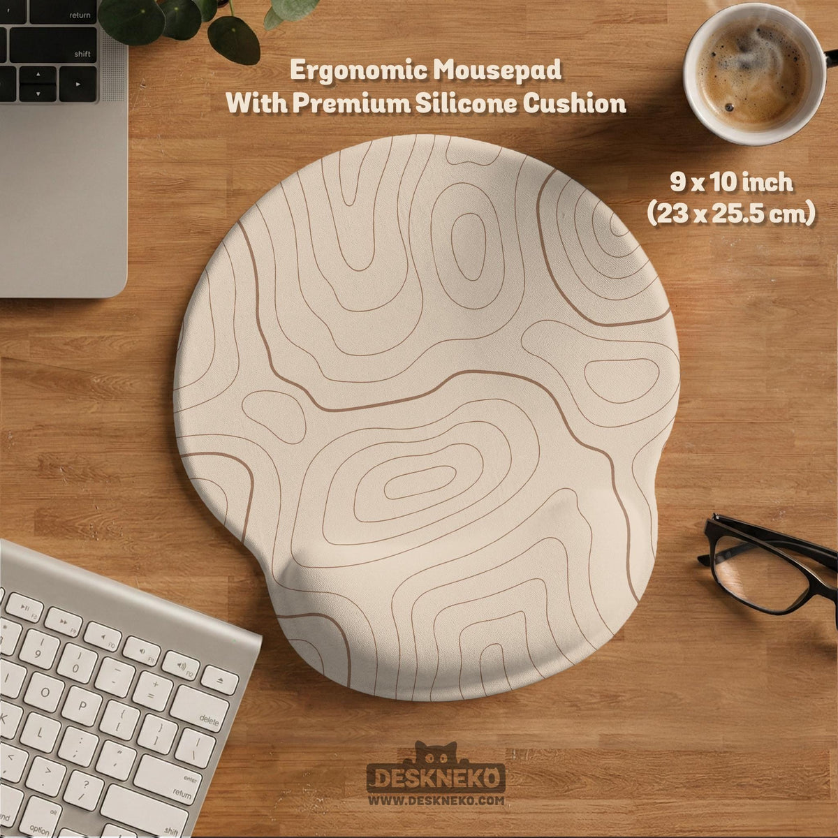 Beige desk mat with soft brown topographic contour lines on a neutral background.