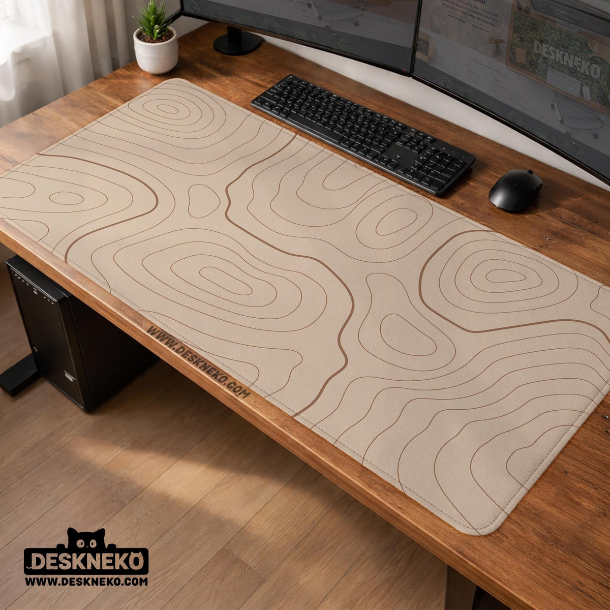 A beige mousepad with a topographic line pattern in a repeating design.