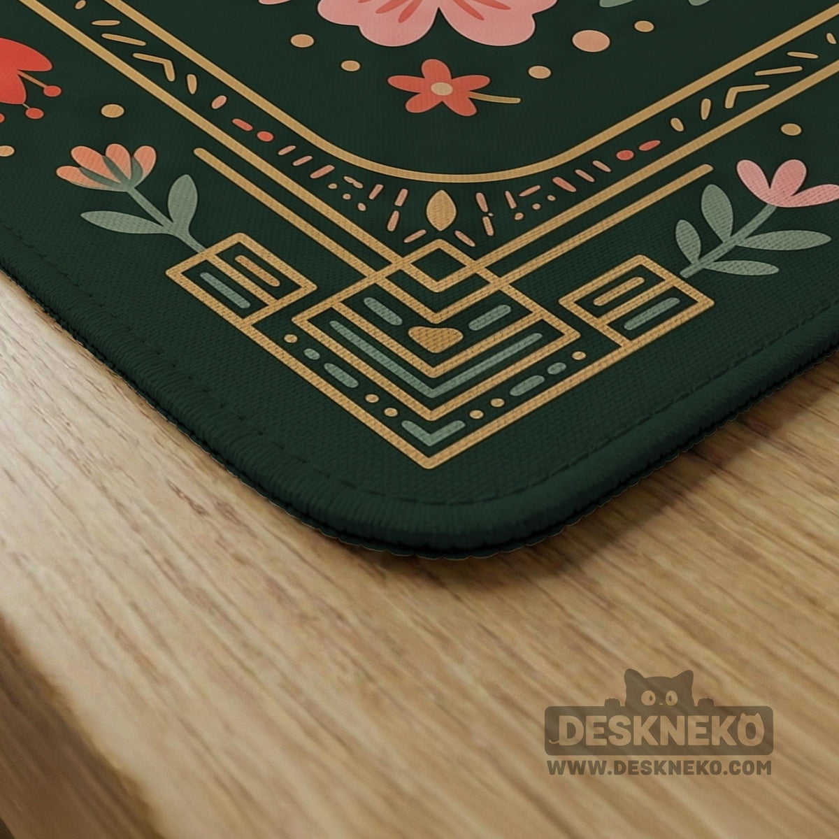 Dark green square mahjong mat with a golden spotted leopard in the center, surrounded by flowers, leafy stems, butterflies, and small star accents.