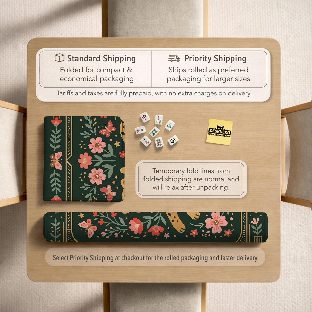 Dark green square mahjong mat with a golden spotted leopard in the center, surrounded by flowers, leafy stems, butterflies, and small star accents.