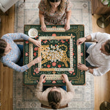 Dark green square mahjong mat with a golden spotted leopard in the center, surrounded by flowers, leafy stems, butterflies, and small star accents.
