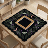 Black mahjong table mat with luna moths, purple flowers, soft green leaves, copper moons, and small star details.