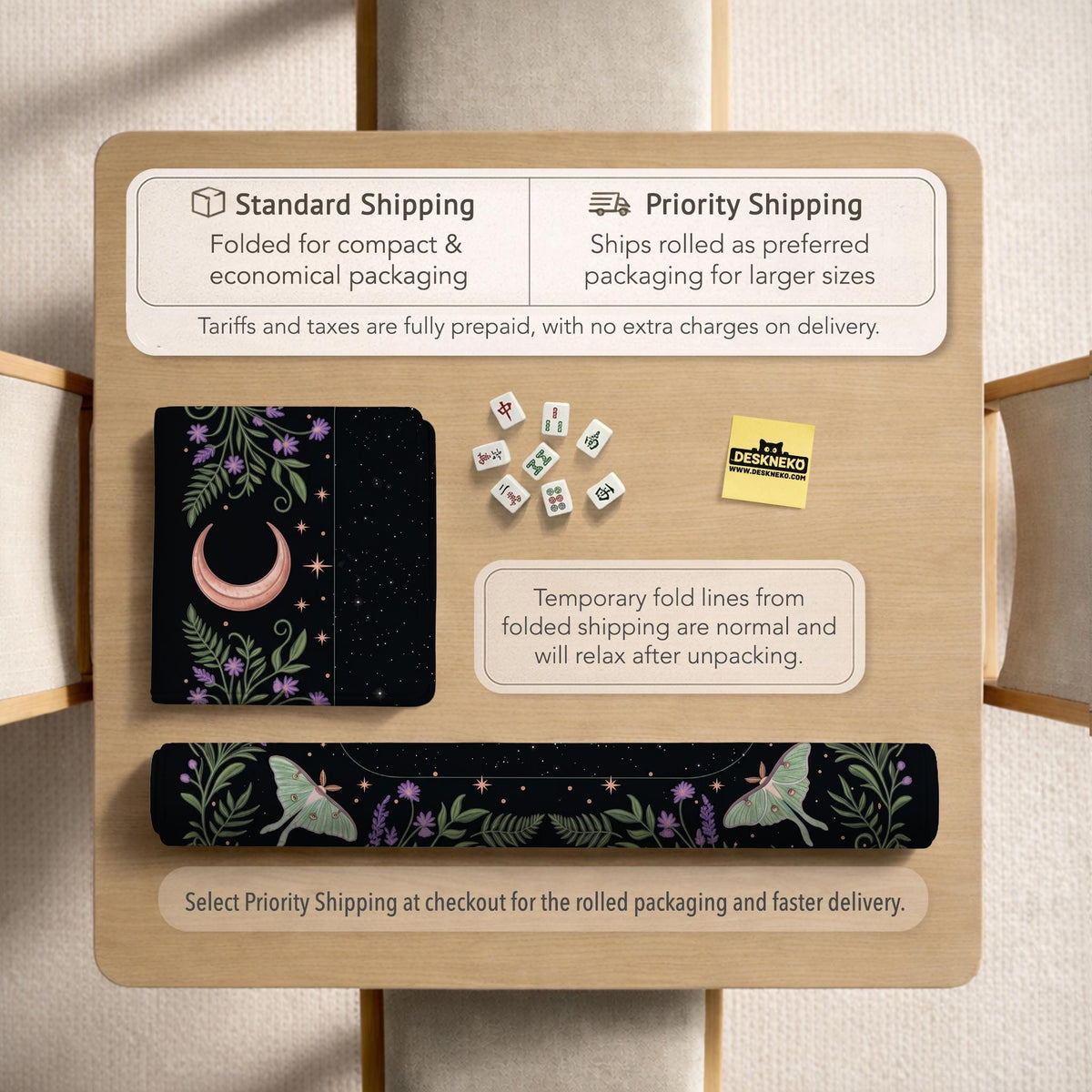 Black mahjong table mat with luna moths, purple flowers, soft green leaves, copper moons, and small star details.