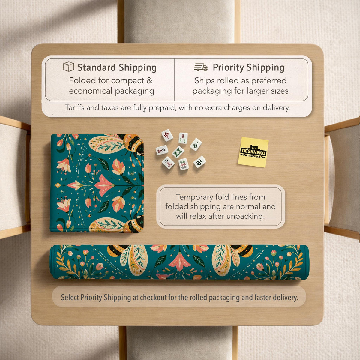 Green mahjong mat with a botanical bee and floral mandala design in teal, coral, cream, and gold.