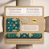 Green mahjong mat with a botanical bee and floral mandala design in teal, coral, cream, and gold.