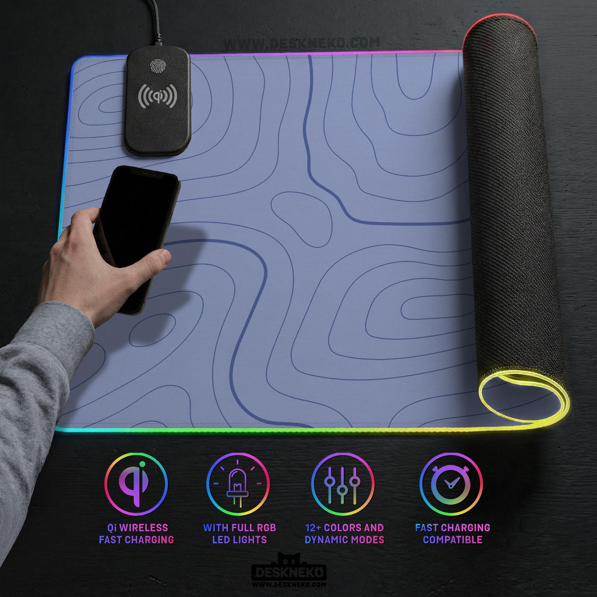 A pastel blue mousepad with an abstract topographic contour line pattern.
