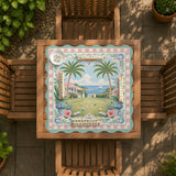 Pastel mahjong mat with a pink gingham border, seashells, hydrangea pots, palm trees, croquet details, and a coastal garden scene.