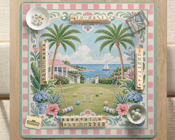 Pastel mahjong mat with a pink gingham border, seashells, hydrangea pots, palm trees, croquet details, and a coastal garden scene.