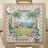 Pastel mahjong mat with a pink gingham border, seashells, hydrangea pots, palm trees, croquet details, and a coastal garden scene.