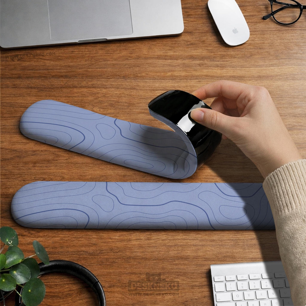 Periwinkle ergonomic mousepad and keyboard wrist rest with a light blue topographic contour line pattern.
