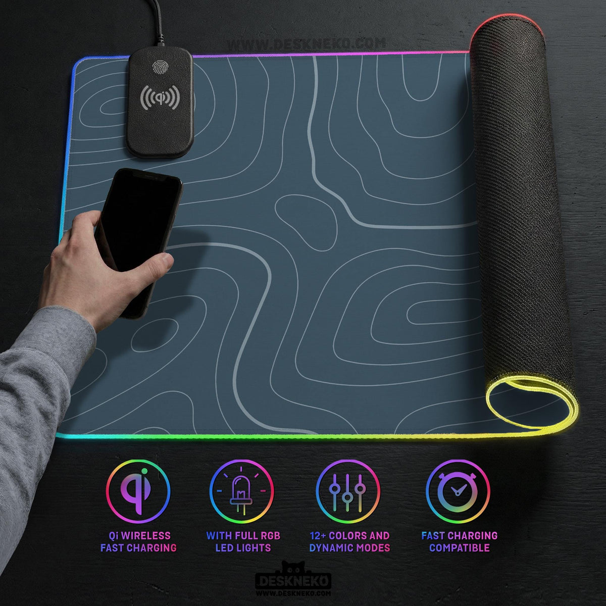 Blue mousepad with a topographic line pattern on a slate background.