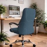 Slate gray chair cover with a blue gray topographic line pattern shown on a high back gaming chair.