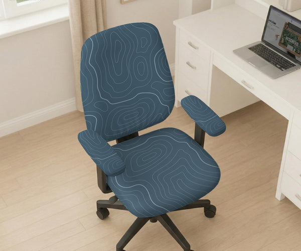 Slate gray chair cover with a blue gray topographic line pattern shown on a high back gaming chair.