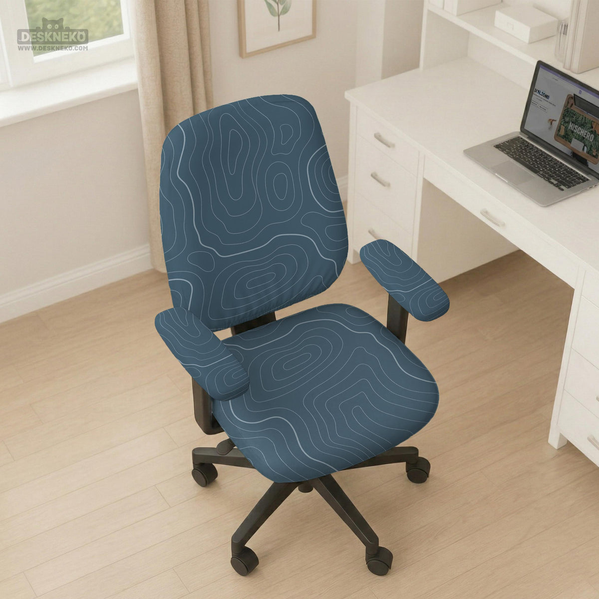 Slate gray chair cover with a blue gray topographic line pattern shown on a high back gaming chair.