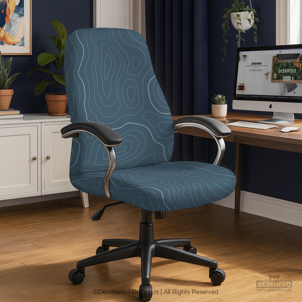 Slate gray chair cover with a blue gray topographic line pattern shown on a high back gaming chair.