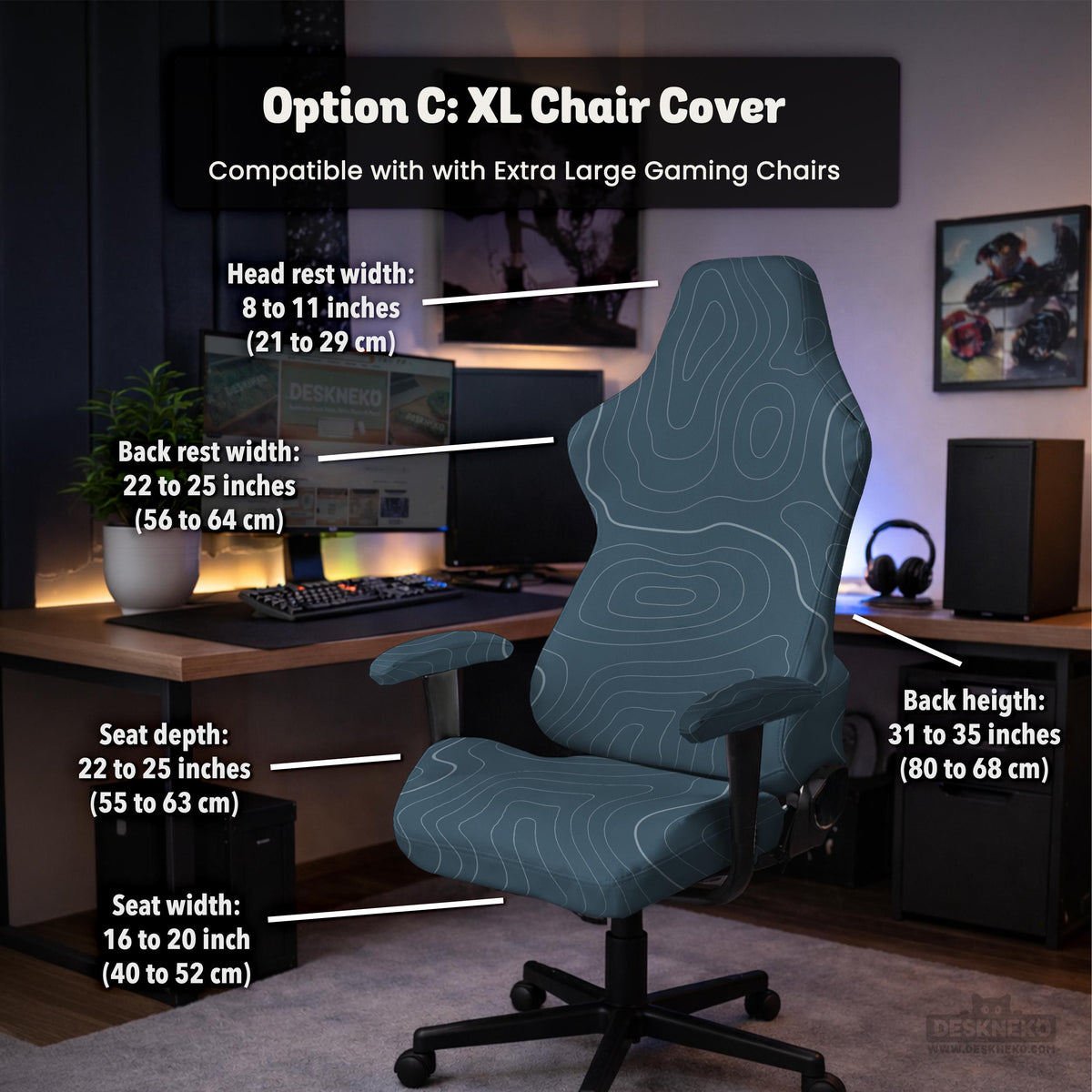 Slate gray chair cover with a blue gray topographic line pattern shown on a high back gaming chair.