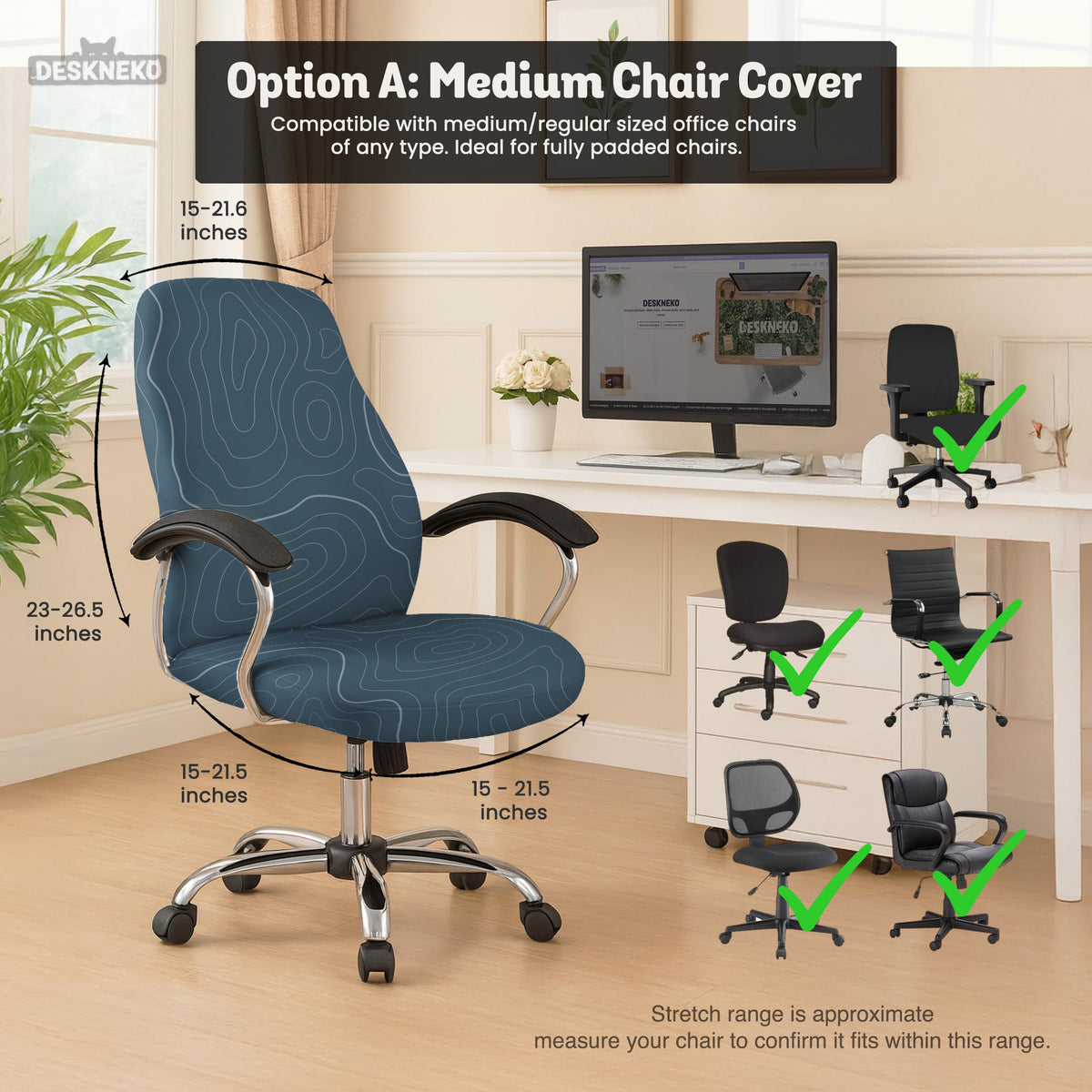 Slate gray chair cover with a blue gray topographic line pattern shown on a high back gaming chair.