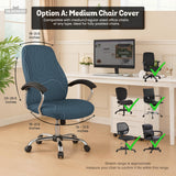 Slate gray chair cover with a blue gray topographic line pattern shown on a high back gaming chair.