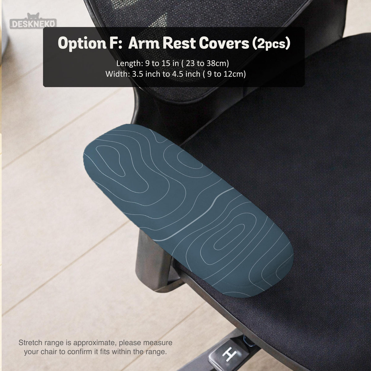Slate gray chair cover with a blue gray topographic line pattern shown on a high back gaming chair.