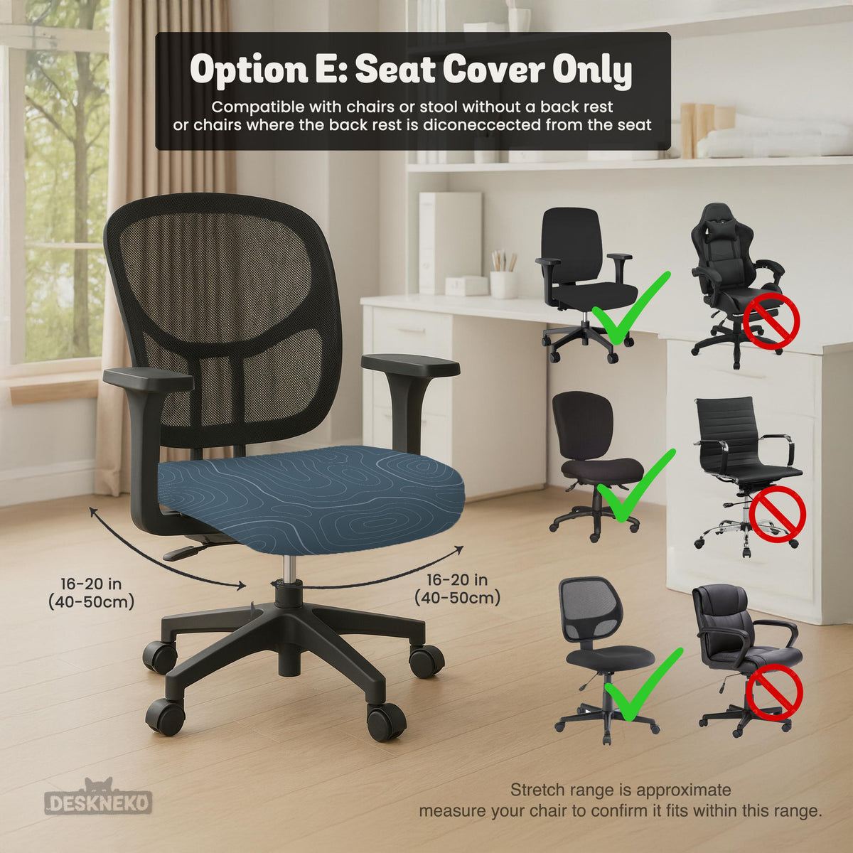 Slate gray chair cover with a blue gray topographic line pattern shown on a high back gaming chair.