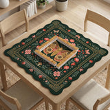 Dark green square mahjong mat with floral branches, small red blossoms, gold line details, and a large moth in the center.