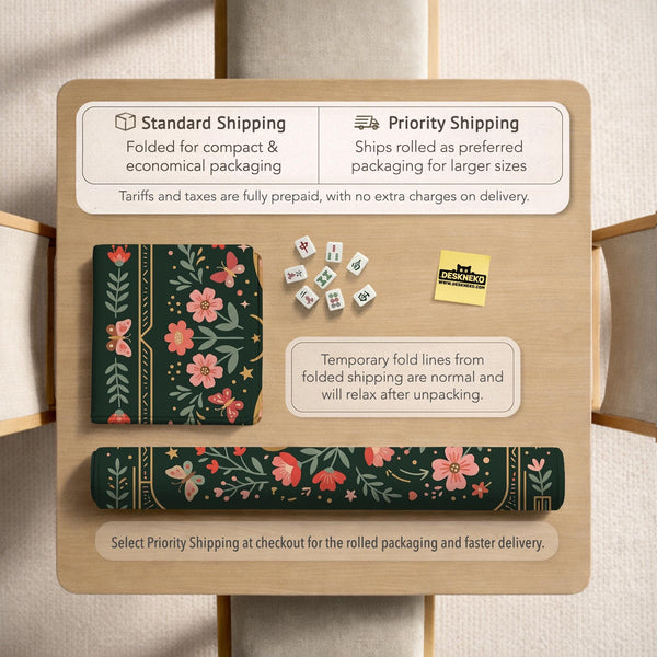 Dark green square mahjong mat with floral branches, small red blossoms, gold line details, and a large moth in the center.