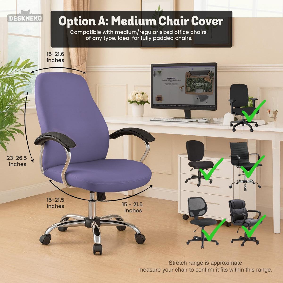 Purple chair cover options shown for gaming chairs and office chairs, including full chair covers, back-and-seat covers, seat-only covers, and armrest-only covers.