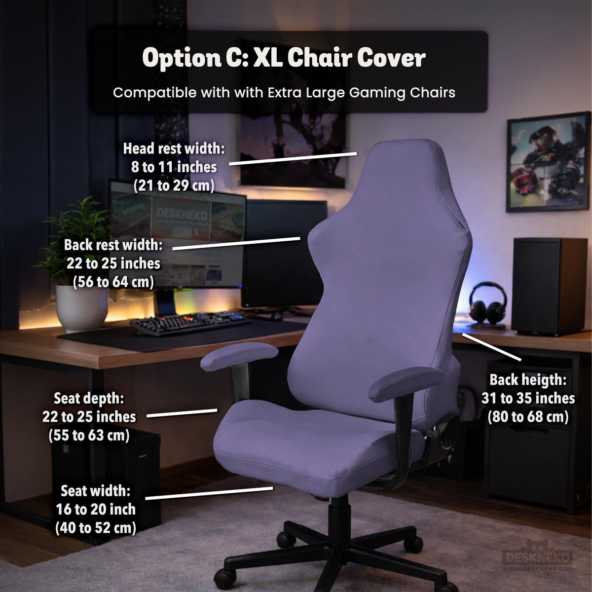 Purple chair cover options shown for gaming chairs and office chairs, including full chair covers, back-and-seat covers, seat-only covers, and armrest-only covers.