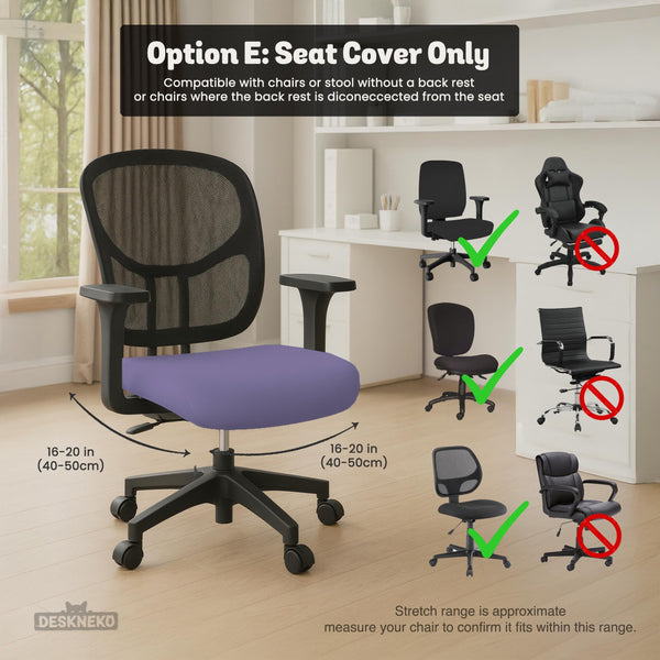 Purple chair cover options shown for gaming chairs and office chairs, including full chair covers, back-and-seat covers, seat-only covers, and armrest-only covers.