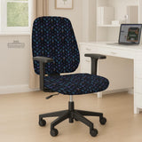 An indigo desk chair cover with a dragon scale pattern in blue, navy, purple, and copper tones, shown as a stretch slipcover with coverage options.