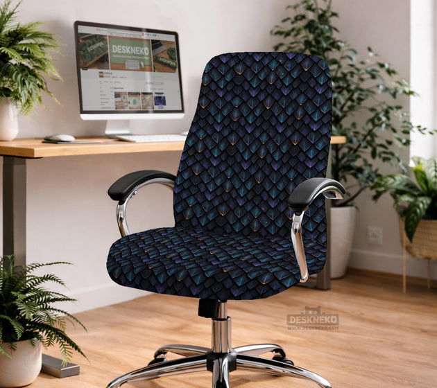 An indigo desk chair cover with a dragon scale pattern in blue, navy, purple, and copper tones, shown as a stretch slipcover with coverage options.