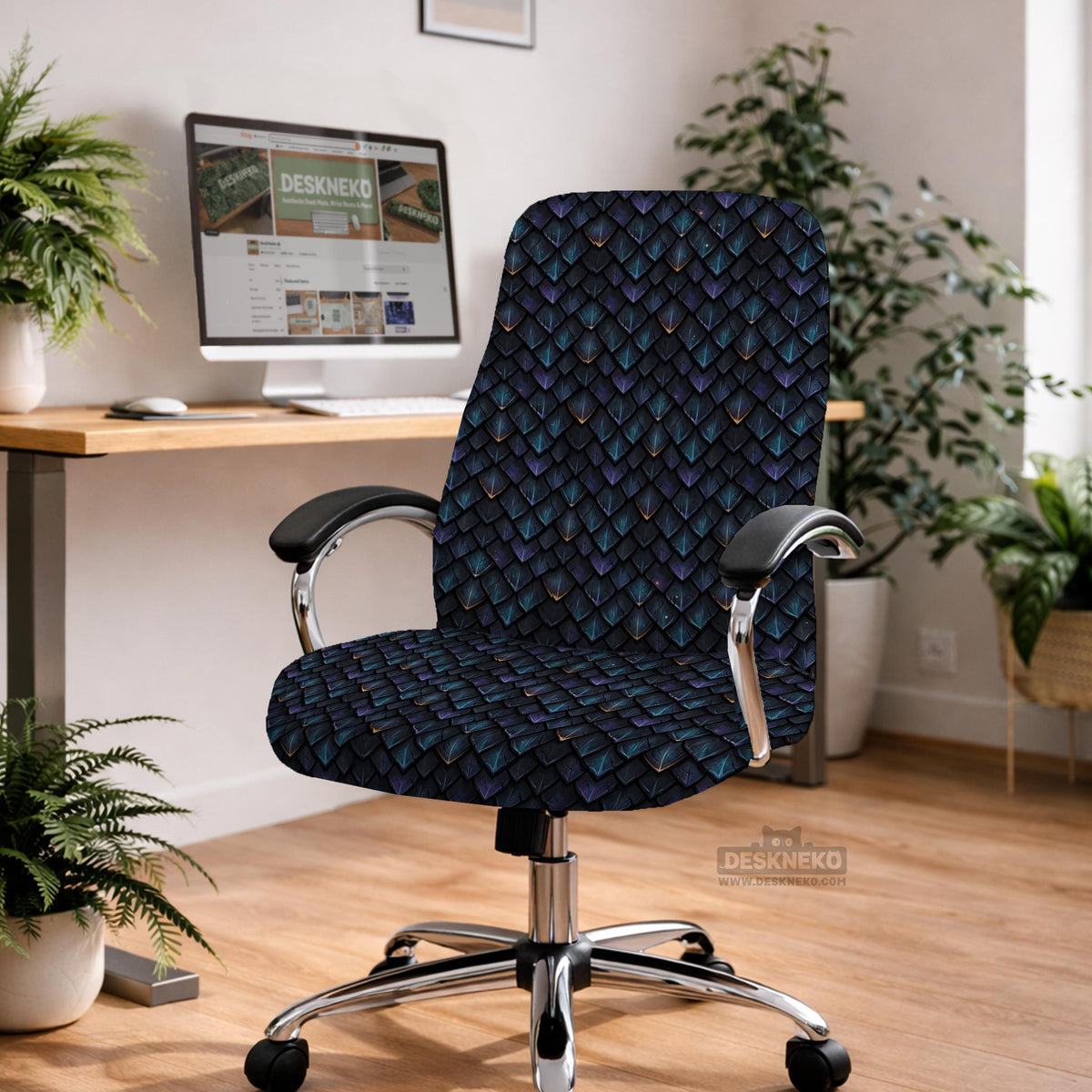 An indigo desk chair cover with a dragon scale pattern in blue, navy, purple, and copper tones, shown as a stretch slipcover with coverage options.
