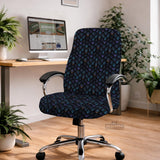 An indigo desk chair cover with a dragon scale pattern in blue, navy, purple, and copper tones, shown as a stretch slipcover with coverage options.