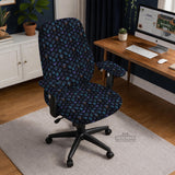An indigo desk chair cover with a dragon scale pattern in blue, navy, purple, and copper tones, shown as a stretch slipcover with coverage options.