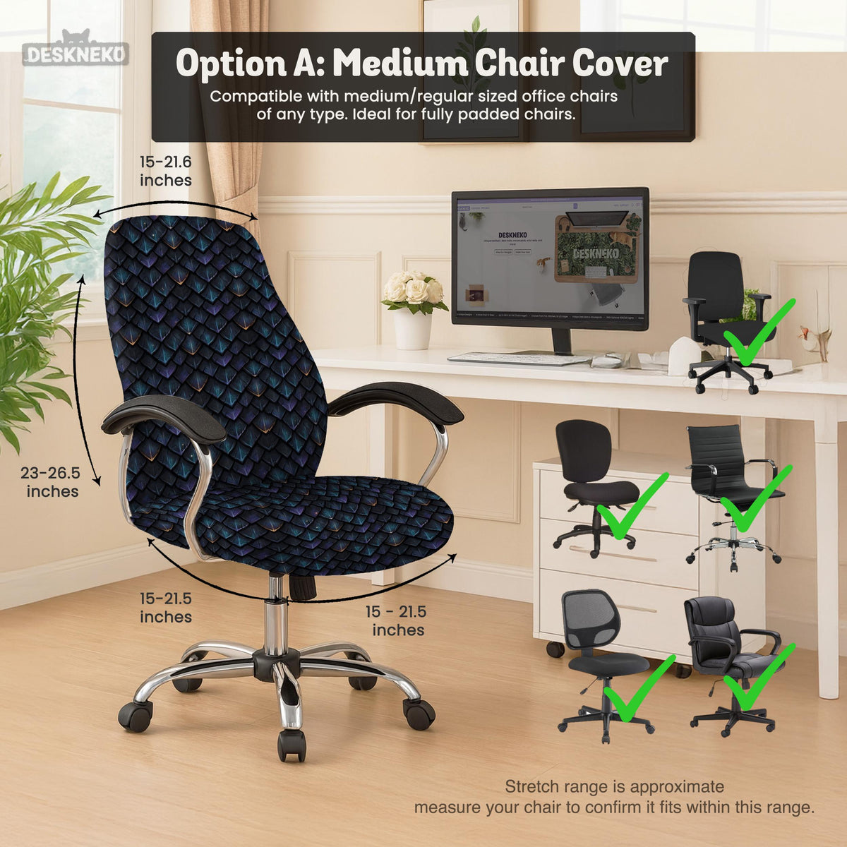 An indigo desk chair cover with a dragon scale pattern in blue, navy, purple, and copper tones, shown as a stretch slipcover with coverage options.