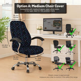An indigo desk chair cover with a dragon scale pattern in blue, navy, purple, and copper tones, shown as a stretch slipcover with coverage options.