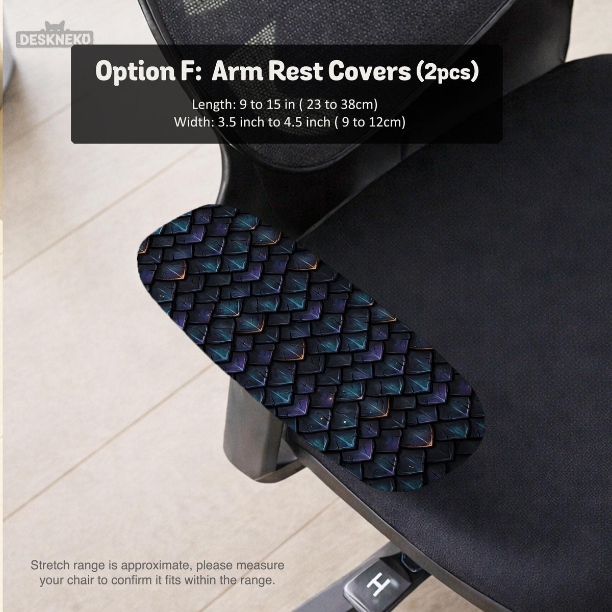 An indigo desk chair cover with a dragon scale pattern in blue, navy, purple, and copper tones, shown as a stretch slipcover with coverage options.