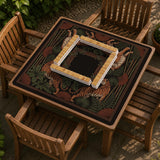 Black square mahjong mat with mirrored tiger faces, bamboo, dark tropical leaves, ornate border details, and orange accents.