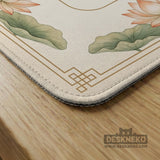 Ivory square mahjong mat with watercolor koi fish, lotus flowers, peach blossoms, sage leaves, and a thin gold border.